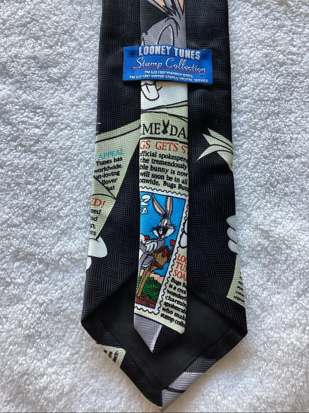 Warner Bros. Bugs Bunny Newspaper Stamp Tie in Black, Gray, Cream, Blue